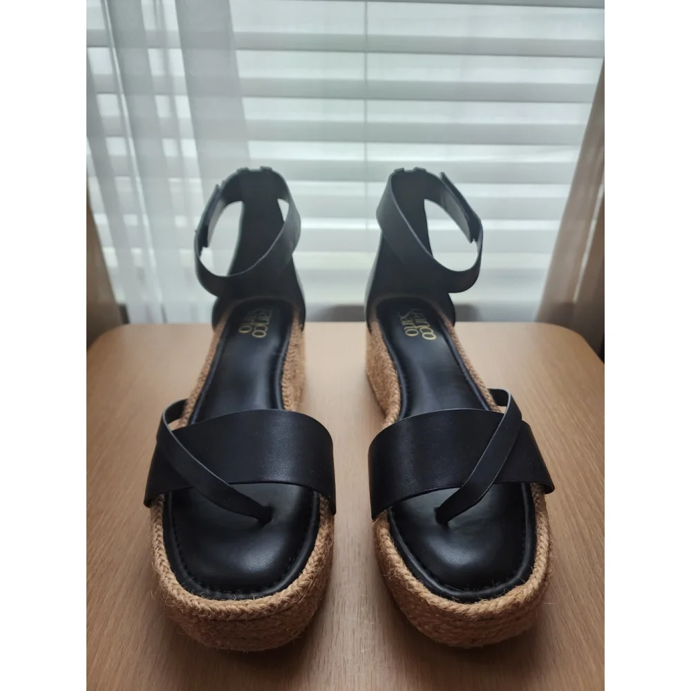 Franco Sarto Verita LEATHER Espadrille Platform Thong Sandal SZ 10 M BLACK